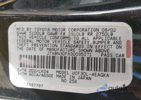 2003 Lexus Ls 430 z USA, uszkodzony, nr VIN JTHBN30F830095071